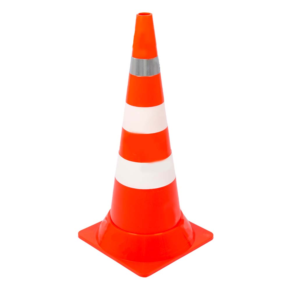 слайдер изображения Конус дорожный сигнальныйКонус дорожный сигнальный (750 мм КС-3.6 Две белых полосы 1 световозвращающая полоса утяжелённый)