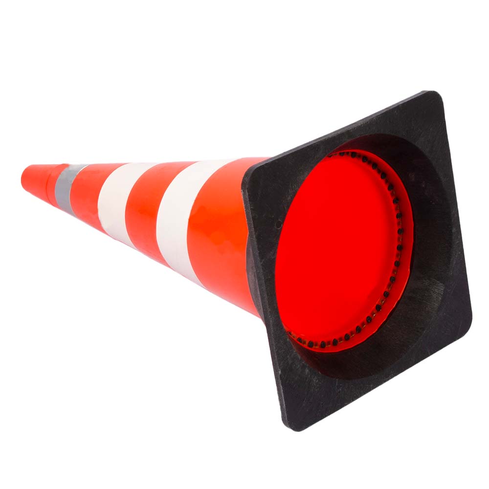 слайдер изображения Конус дорожный сигнальныйКонус дорожный сигнальный (750 мм КС-3.6.3 Две белых полосы 1 световозвращающая полоса резиновое основание)