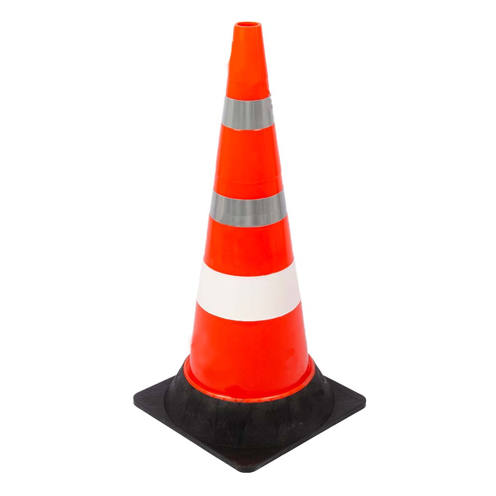 слайдер изображения Конус дорожный сигнальныйКонус дорожный сигнальный (750 мм КС-3.8.3 Одна белая полоса 2 световозвращающие полосы резиновое основание)